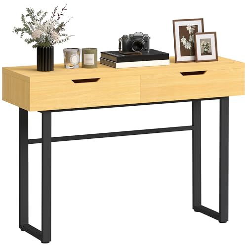 HOMCOM Console Meuble 110 cm, Table d'entrée étroite avec 2 tiroirs, Cadre en métal, Design sans poignées, Table Console pour Salon et Couloir, Effet Bois...
