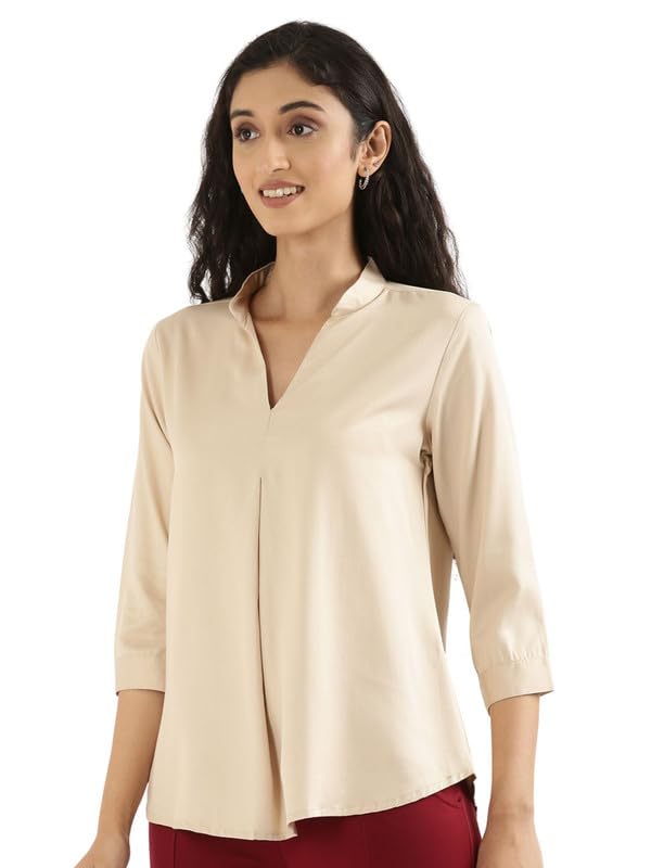 Image of SAADAA Top for Women, Viscose Pleated Tops, V-Neck with a Collar, 3 /4 Sleeve Length, Office & Casual Wear