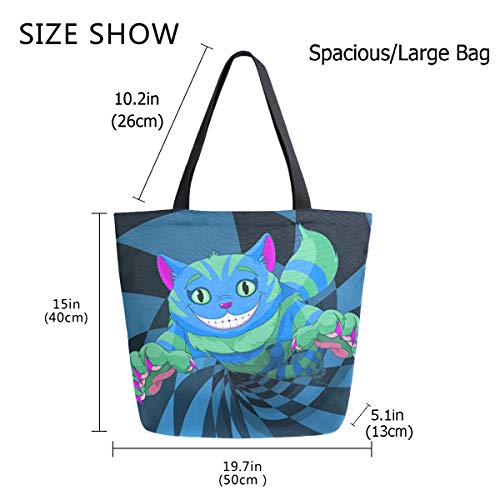 Zzwwr Cute Cheshire Cat Jumping To Wonderland Rabbit Hole Extra Large Canvas Shoulder Tote Top Storage Handle Bag For Gym Beach Weekender Travel Shopping #TOP2