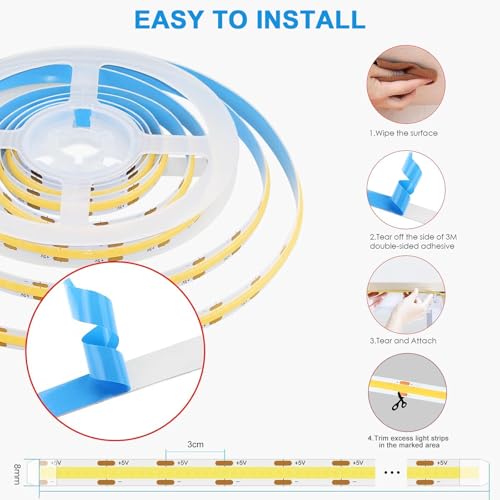 Tira LED COB flexible USB 6.56ft luz blanca fría miniatura 5