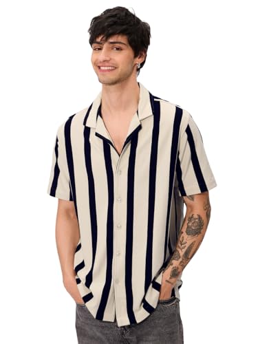 Image of The Souled Store Stripes: Black, White Men and Boys Short Sleeves Collared Neck Button Front Cotton Blend Textured Shirts