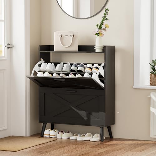 Image of Homleke Farmhouse Shoe Storage Cabinet with Flip Drawers & Barn Door Design | Slim Narrow Shoe Rack Cabinet with Adjustable Shelves & Hidden Storage for Entryway, Foyer, Hallway, Living Room, Black