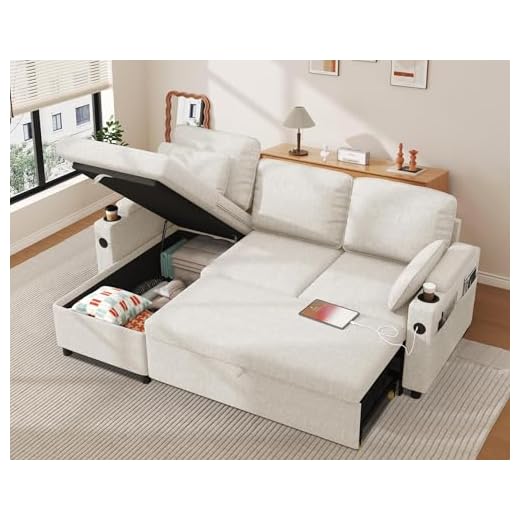 DURASPACE Sofa Bed, Sleeper Sofa Couch with Pullout Bed for Living Room, L Shaped Couch with Storage Chaise, USB, Cup Holder (Beige)