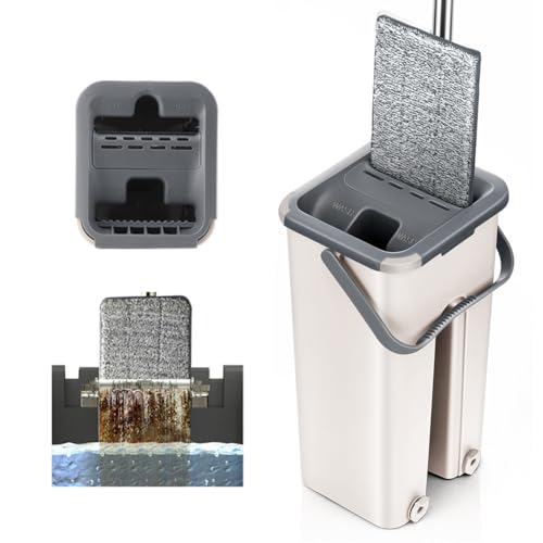 Mopa para Limpiar Azulejos y Paredes Mopa Fregona con Cubo Escurridor Trapeador Fregona Autoescurrible Mopas de Limpieza Suelos Mop Bucket Set 6 Almohadillas Gamuza Microfibra