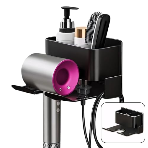 Exquilnova Soporte para secador de pelo sin taladrar, soporte para secador de pelo con soporte para cable y compartimento de almacenamiento, soporte de pared para secador de pelo, baño sin taladrar