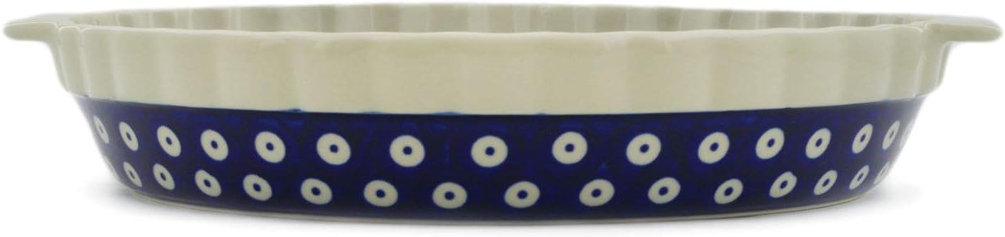 Polmedia Polish Pottery Pie Dish Fluted with Handles - Peacock Eyes Pattern Handmade in Boleslawiec Poland + Certificate of Authenticity