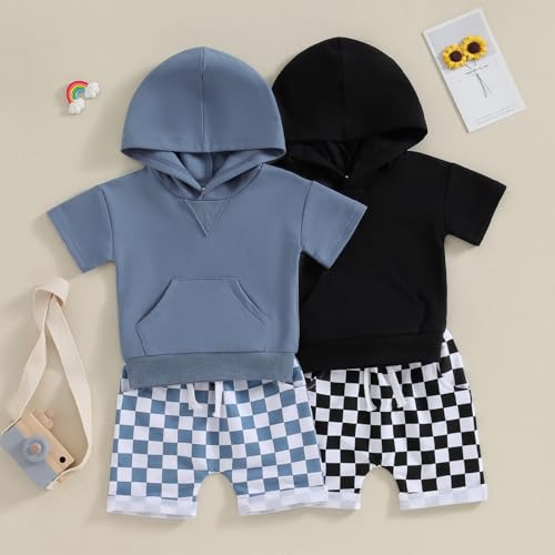 Toddler Baby Boy Summer Hooded Outfit Contrast Color Short Sleeve T Shirt Top Elastic Shorts Summer Clothes Set4
