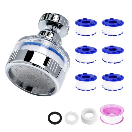 UOCAI Filtro de agua para grifo, accesorio descalcificador, filtro universal, filtro de agua con 6 elementos de filtro de algodón, boquilla de pulverización giratoria de 360° y cinta de PTFE, adecuado