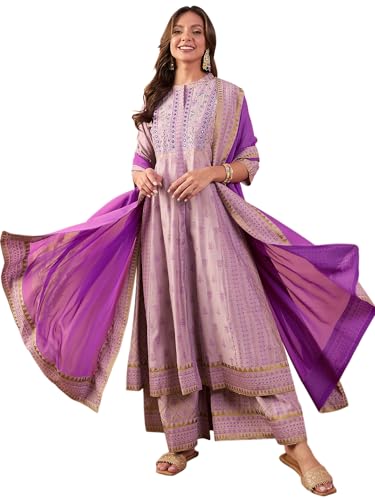 Image of Women's Pure Silk Printed Embroidery Kurta Palazzo & Dupatta Set