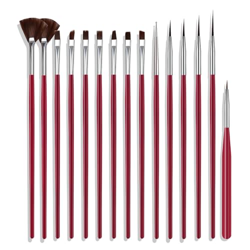 AUOCATTAIL 15 Pcs Nail Brushes Nail Art Kit for Nail Detailing Brush Makeup Brushes Cleaning Fingernails Nail Dotting Tool for Home Salon DIY Manicure Design Tools (Rose Red)
