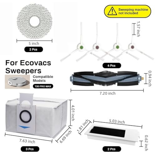 Image of Replacement Parts /Vacuum Accessories kit Compatible with ECOVACS Deebot T20 Omni /PRO /MAX T20 Pro /Max Plus 1 Main Brush, 4 Side Brushes, 2 Filters 2 Dust Bag, 2 Mop, 1 Cleaning Tool (EDT20 FULLKIT)