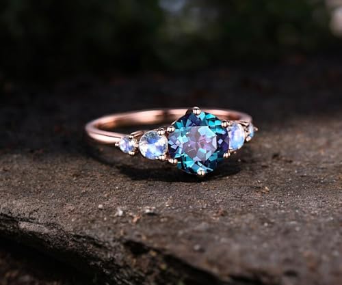 Round Alexandrite Engagement Ring – Rose Gold Solitaire Ring with Moonstone Accents – June Birthstone Promise Ring for Women – Dainty Gemstone Bridal Jewelry3