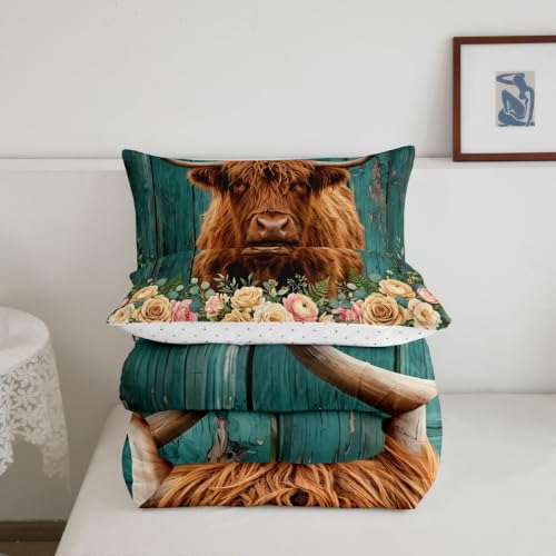 Image of Feelyou Highland Cow Bedding Set Leopard Floral Comforter Set for Kids Boys Girls Brown Safari Cheetah Animal Skin Comforter Teal Blue Wooden Decor Quilt Set Room Decor 3Pcs Full Size