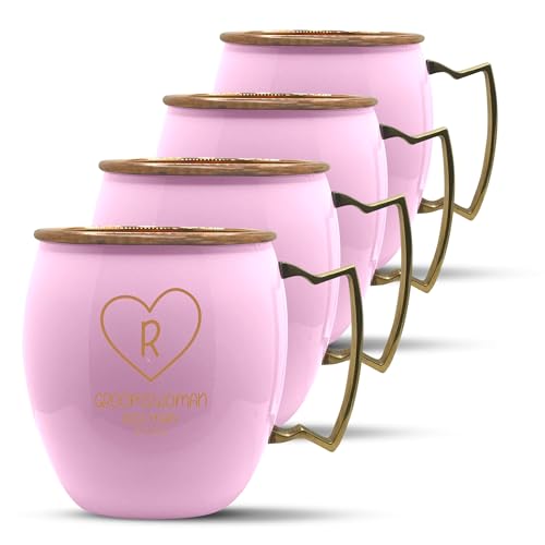 Custom 100% Copper Moscow Mule with Smooth Painted Finish - Engraved Bar Style Cup with Personalized Groomswomen Monogram Heart Themed Engraving, Brass Handle | 18 oz, Pink | Set of 4