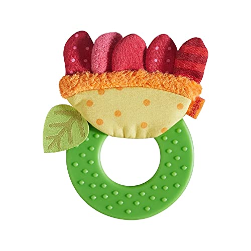 Image of HABA Teether Chomp Champ Flower Teether - Soft Activity Toy with Crackling Foil Petals & Plastic Teething Ring for Babies Ages Birth and Up