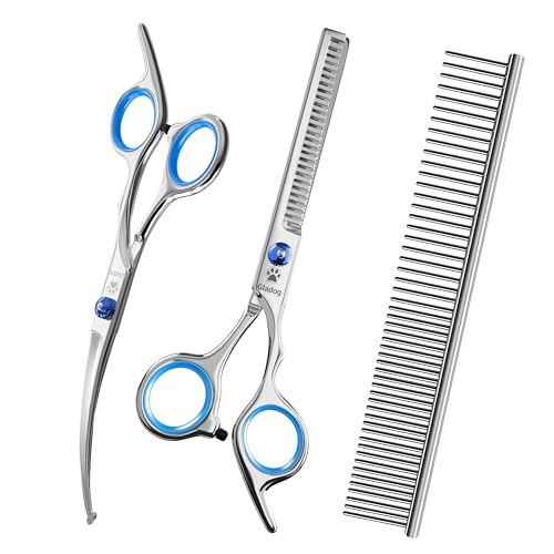 GLADOG 3 in 1 Dog Grooming Scissors Kit Blue Titanium Coated Pet Scissors for Dogs & Cats Curved Thinning Shears with Comb Safety Round Tips Ergonomic Handle