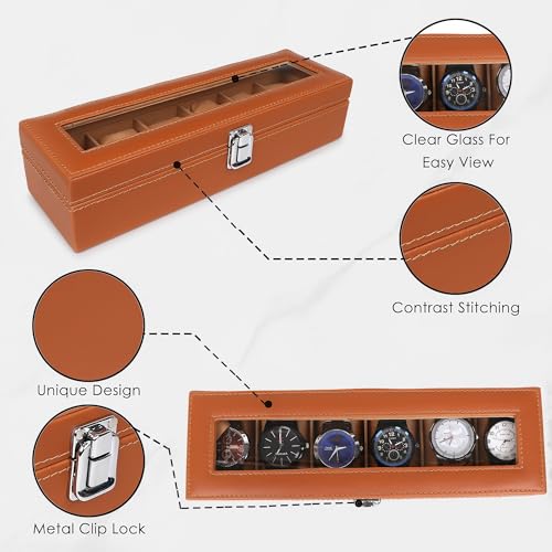 Image of LEDO Watch Box Organizer, 6 Slot Storage Case with Clear Transparent Top, Tan PU Leather with Cream Velvet Interior, Metal Clip Lock, Rectangular
