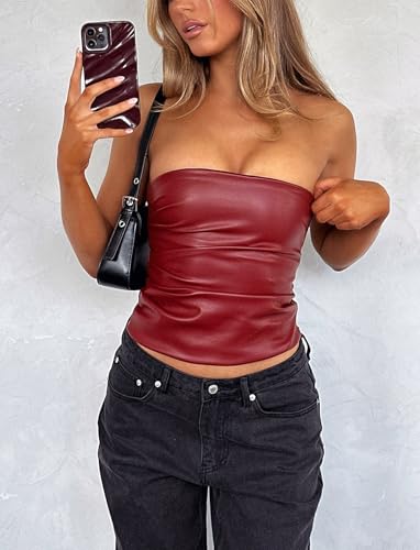 PU Faux Leather Tube Top Strapless Going Out Tops for Women Sexy Club Top Rave Concert Outfit Ruched Bandeau Crop Top4