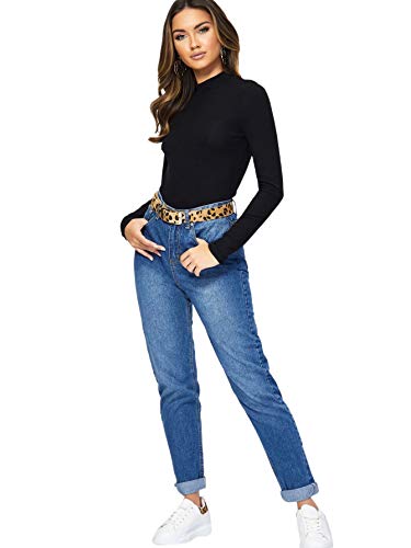 WDIRARA Women's Elegant Long Sleeve Mock Neck Solid Rib-Knit Slim Top Black S