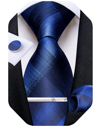 Image of DiBanGu Mens Silk Plaid Tie and Pocket Square Set | Elegant Silk Formal Tie Set, Woven Check Necktie and Cufflinks Tie Clip Set, Perfect for Wedding Party, Comes in Gift Box