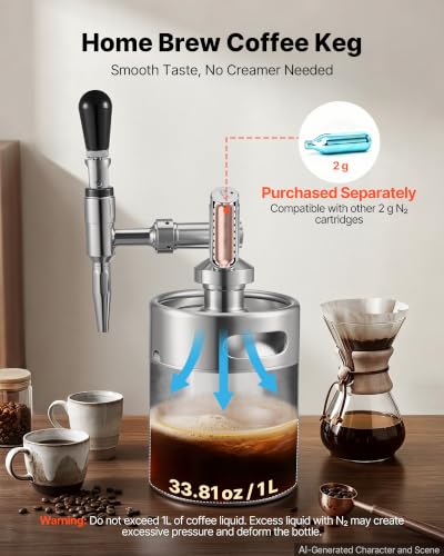 Image of VEVOR Nitro Cold Brew Coffee Maker 68 oz Nitrogen Dispenser System, Home Brew Coffee Keg, Portable Nitrogen Infuser with Dispenser and Pressure Relieving Valve, Gift for Coffee Lovers