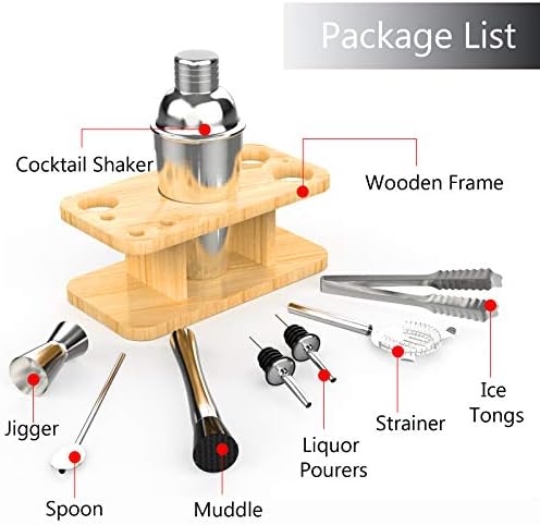 VINEKRAFT Cocktail Making Set, Cocktail Shaker Set with Wooden Display Stand, Stainless Steel Cocktail Accessories for Drinks