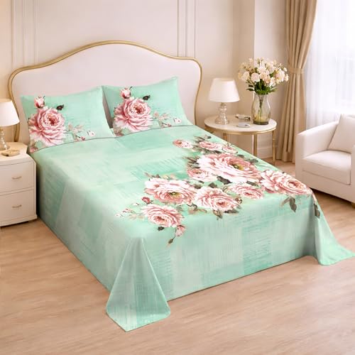 Image of Cloth Fusion Glace Cotton Super King Size Flat Bedsheet 108 x 108 Inch with 2 Pillow Covers (Rose Lagoon)