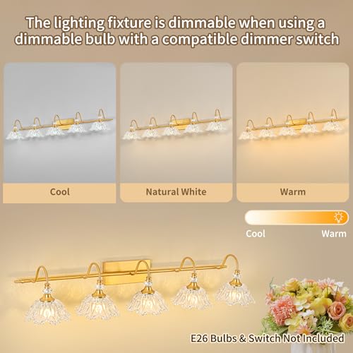 Image of Gold Bathroom Vanity Light, 5-Light Brushed Gold Finish Vanity Light with Floral Clear Glass Shades, Vintage Wall Mount Lighting for Bathroom, Dressing Table