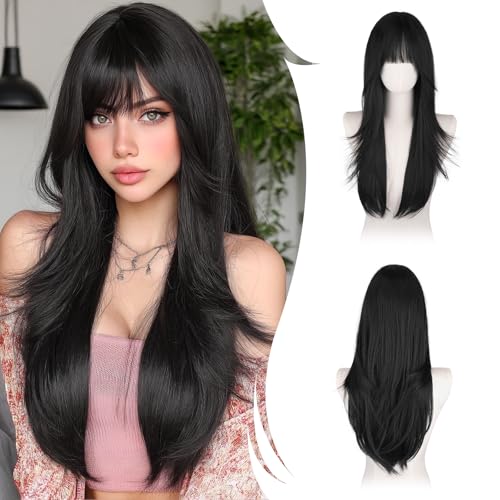 RUWISS Lange Gerade Perücken Schwarz mit Pony 65 cm Perücken Damen Geschichtete Synthetische Haar Perücken Frauen für Tägliche Party Cosplay