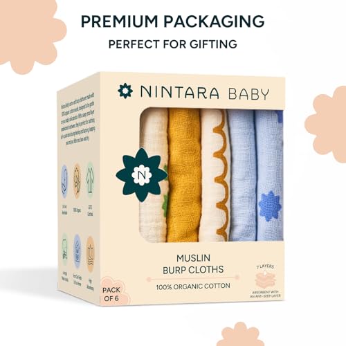 Image of NINTARABABY Burp Cloths - 100% Organic Muslin Cotton, Pack of 6