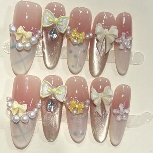 蝶結び バレエシューズネイルチップ 長い フェイクネイル じんぞう真珠 手作り かわいい ネイルチップ 結婚 誕生日パーティー付け爪 10枚セット 長めチップ 両面接着テープ付き (ピンク, M)