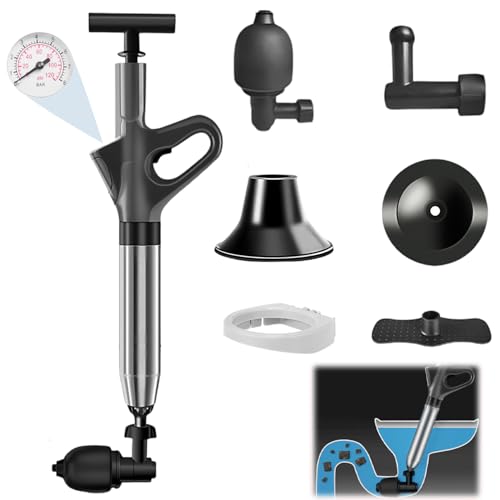 Toilet Unblocker Heavy Duty Plunger, High Pressure Plunger Kit with 4 Replaceable Heads and Inflatable Footbed, Plunger Sink Unblocker for Unblocking Toilets,Bathtub,Sink,Floor Drain (Grey)