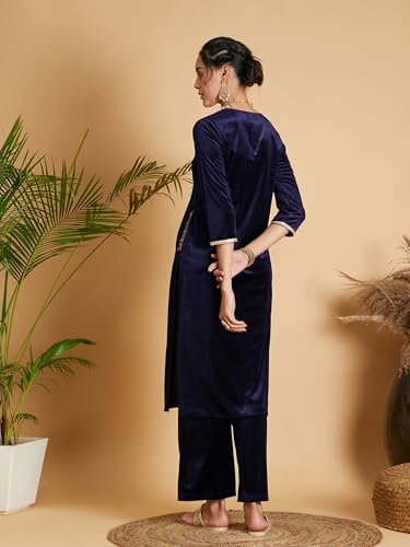 Image of Women's Velvet Floral Embroidered Straight Kurta | Round Neck Three-Quarter Sleeve Calf Length Kurti with Thread Work