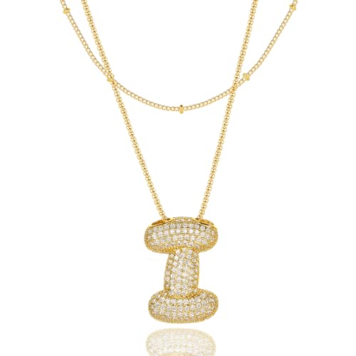 Bubble Letter Necklace Gold for Women，Layered Plated Initial Pendant Puffy Zircon Name Personalized Necklaces Fashion Jewelry for Gifts