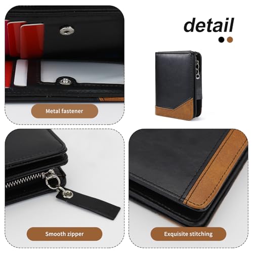 Mens Wallet, Minimalist Bifold Leather Wallet Fashion Multi Card Holder Wallet with Zipper Coin Pocket ID Window (Black)3
