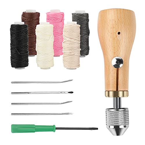WIOR Sewing Awl Kit, 12Pcs Leather Stitching Awl Crafting Tools and Supplies Hand Stitcher Set with Needles (2 Straight and 2 Bent) Waxed Threads, Repair Stitch Tool Awls for DIY Leather Craft