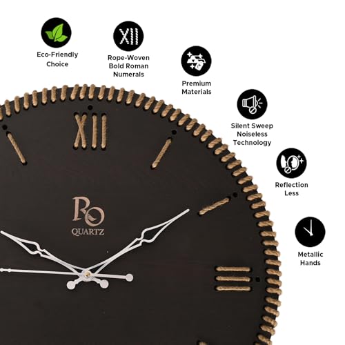 Image of Wooden Round Shape Roman Dial Analog Clock with Silver Hands and Golden Jute Rope Detailing | Silent Quartz Movement Anti Reflection Wall Clock for Home and Office (Black, 15.5 Inch)