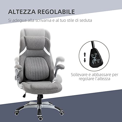 Sedia da Ufficio Ergonomica con Braccioli Ribaltabili e Poggiatesta, Sedia Scrivania Girevole con Supporto Lombare, Altezza Regolabile e Funzione Dondolo in Tessuto per Studio, Grigio - Sedia gaming - Immagine 3