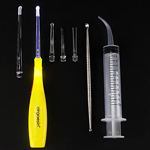 Airgoesin Lighted Tonsil Stone Removing Tool, 5 Tips, Box + 1 Stainless Steel Tonsillolith Pick + 1 Irrigation Syringe Gift #TOP1