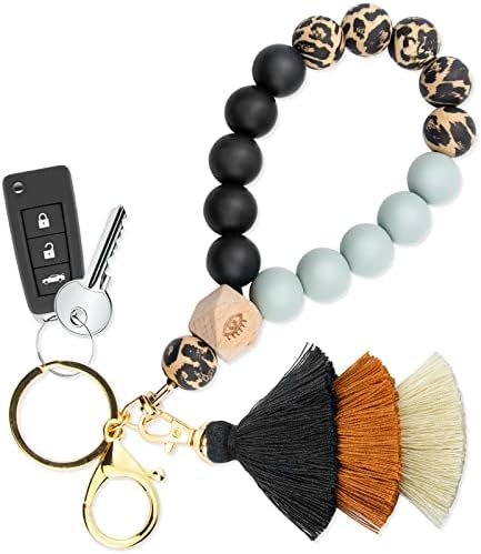 Bisanzoya Beaded Keychain with Tassel, Silicone Key Ring Bracelet, Boho Car Key Chain Wristlet Cute Tassel for Women and Girls (Dark Leopard)