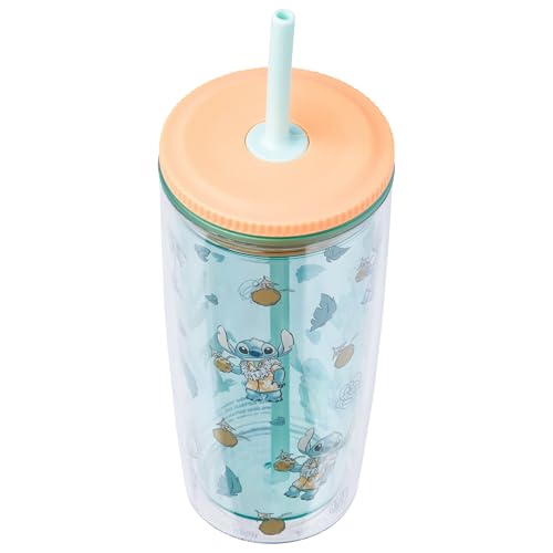 Image of Silver Buffalo Disney Lilo and Stitch Featuring Stitch in Hawaiian Shirt, Lei, and Coconut Drink and Tropical Vibes Pattern Spill Resistant Plastic Tumbler and Straw, 20 Ounces