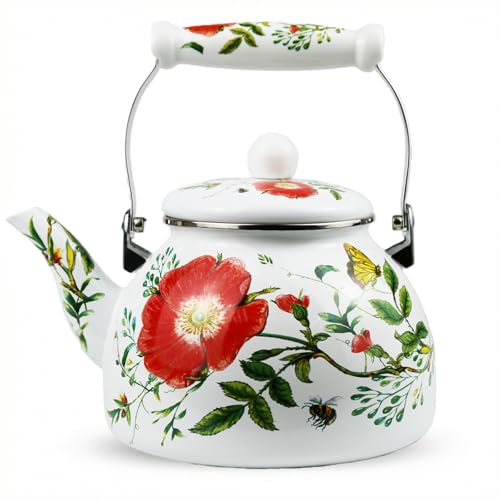 Vintage Floral Butterfly Bee Enamel Tea Kettle, 2.5L Stovetop Teapot with Porcelain Handle, Induction/Gas Stove Compatible, Decorative Kitchen Coffee Kettle Ideal for Tea Party & Christmas Gift