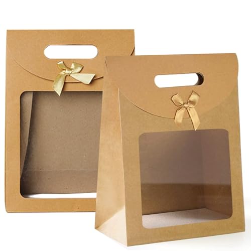 20 Stücke Braune Papiertüten Geschenktüten, Geschenktüten mit Griffen, Kraftpapier Verpackungsbeute, Geschenktüte mit Fenster, zum Verpacken von Bankett Geschenken, Süßigkeiten, Keksen