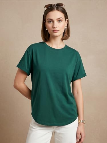 Image of JUNEBERRY Pure 100% Cotton Oversized Loose Fit Drop Shoulder Round Neck Boyfriend Fit Solid Half Sleeves T-Shirt for Women & Girls (Sizes: S to 2XL)