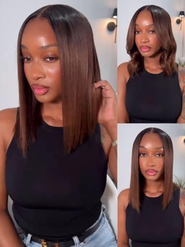 Nadula Chestnut Brown Ombre Yaki Straight Bob Drawstring Wig Human Hair - Glueless Pre Cut 13X4 HD Pre Everything Lace Front Wig Human Hair Pre-Plucked with Ear Tape, Ready to Go Short Yaki Wig 10inch