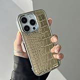 HUUMAGIC Funda de teléfono de Cuero con diseño de cocodrilo Chapado de Lujo para iPhone 15 14 13 12 11 Pro MAX Plus 15, Funda Aurora Colorida, Dorada