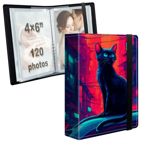 Image of Photo Album 4x6 120 Photos with Strong Elastic Band, Cyberpunk Black Cat | Large Capacity Premium Leather Picture Album, Portable Wallet Albums Photo Book for Family Anniversaries Wedding Baby