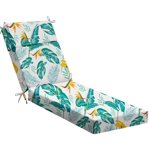 Waterproof Chaise Lounge Cushions, 72x21x3 Inch Outdoor Lounge Chair Cushion High-Density Foam Fade Resistant Patio Sun Lounger Pad Replacement with Removable Covers and Ties, Yellow-Green Leaves