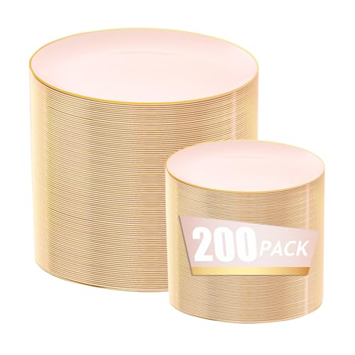 bUCLA 200PCS Pink Plastic Plates - Heavy Duty Pink Disposable with Gold Rim - Include 100 Each (10 inch Dinner & 7 inch Dessert) Plates, Ideal for Party & Wedding