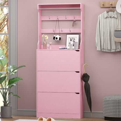 Image of BORNOON Shoe Cabinet with 3 Flip Drawers & Coat Rack, Narrow Hidden Shoe Storage Cabinet, 2-in-1 Hall Tree Slim Freestanding Shoe Rack Organizer for Entryway, Hallway, and Living Room